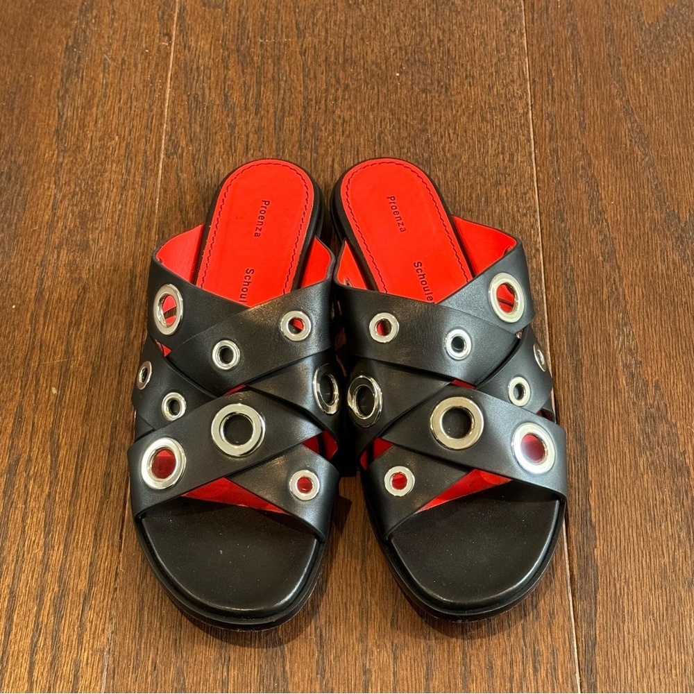 Proenza Schouler Black Slide Sandals with Red Insole and Silver Eyelets
